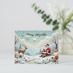 Cartes Pour Fêtes Annuelles Père Noël et ses rennes dans un paysage enneigé