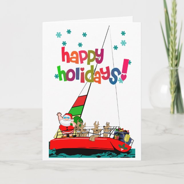 Cartes Pour Fêtes Annuelles Père Noël et ses rennes naviguent à Noël (Devant)