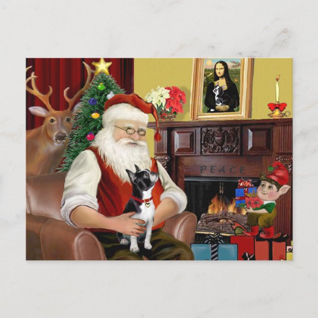 Cartes Pour Fêtes Annuelles Père Noël et son Boston Terrier (Devant)