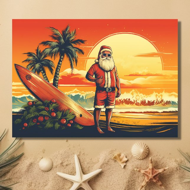 Cartes Pour Fêtes Annuelles Père Noël et Surfboard Retro Surfing Beach Noël (Front - Santa and Surfboard Retro Surfing Beach Christmas Holiday Card)