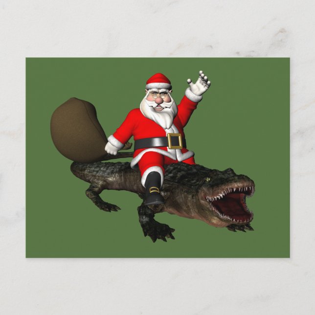 Cartes Pour Fêtes Annuelles Père Noël Festif Montant Un Alligator (Devant)