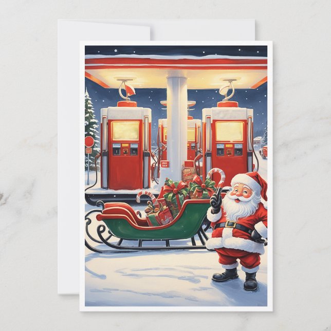 Cartes Pour Fêtes Annuelles Père Noël hilarant et drôle dans une station-servi (Devant)