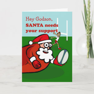 Cartes Pour Fêtes Annuelles père Noël joue au rugby pour Noël, Godson, Custom