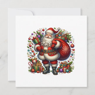 Cartes Pour Fêtes Annuelles Père Noël joyeux entouré de cadeaux