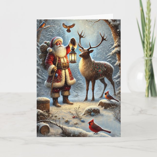 Cartes Pour Fêtes Annuelles Père Noël Lantern Reindeer Birds Snowy Forest 1 (Devant)