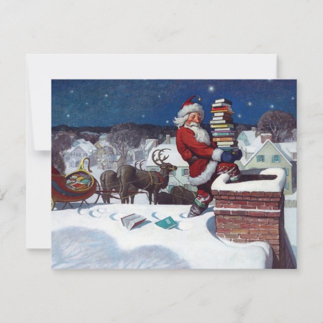 Cartes Pour Fêtes Annuelles Père Noël livre une cargaison de livres (Devant)