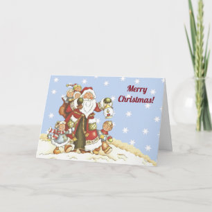 Cartes Pour Fêtes Annuelles Père Noël marchant dans la neige avec les flocons