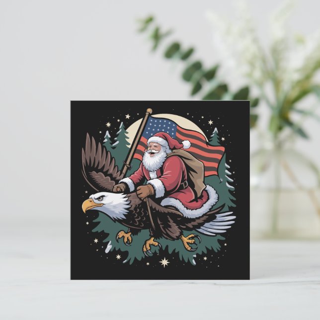 Cartes Pour Fêtes Annuelles Père Noël montant un aigle drapeau américain Noël  (Debout devant)