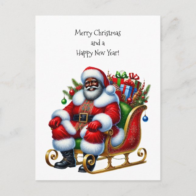 Cartes Pour Fêtes Annuelles Père Noël noire en serpentin avec cadeaux (Devant)