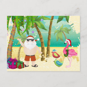 Cartes Pour Fêtes Annuelles Père Noël, oiseaux tropicaux, Noël de plage de