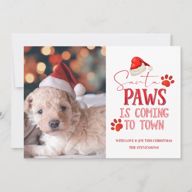 Cartes Pour Fêtes Annuelles Père Noël Paws arrive en ville Photo de Noël (Devant)