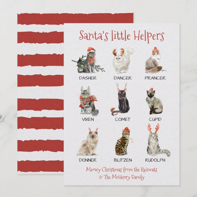 Cartes Pour Fêtes Annuelles Père Noël petites aides Cat Reindeer noms (Devant / Derrière)