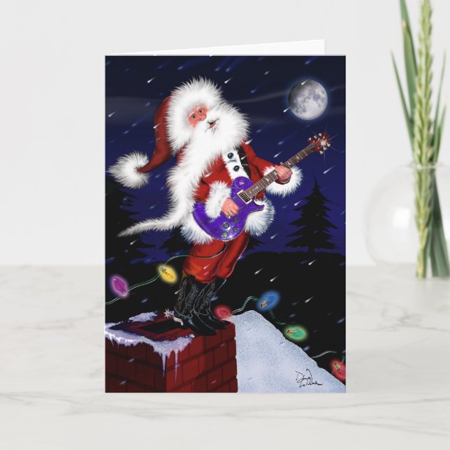 Cartes Pour Fêtes Annuelles Père Noël Plays Guitare (Devant)