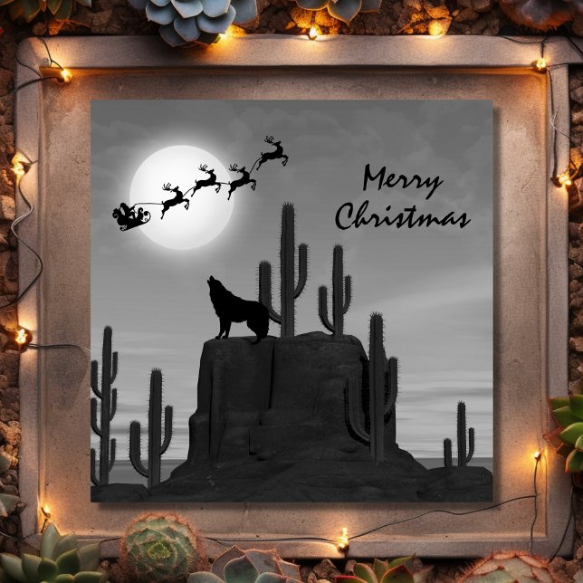 Cartes Pour Fêtes Annuelles Père Noël Pleine lune Wolf Desert Southwestern Noë (Front - Santa Full Moon Wolf Desert Southwestern Christmas Holiday Card)