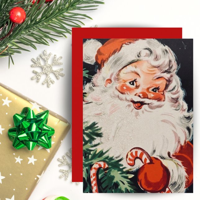 Cartes Pour Fêtes Annuelles Père Noël rétro avec Sucres de canne personnalisés (Retro Santa with Candy Canes Custom Christmas Holiday Card)