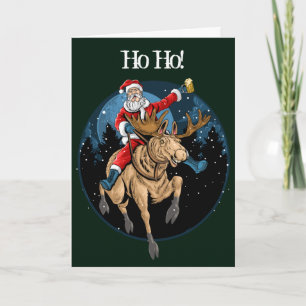 Cartes Pour Fêtes Annuelles Père Noël Riding Moose Boire Beer