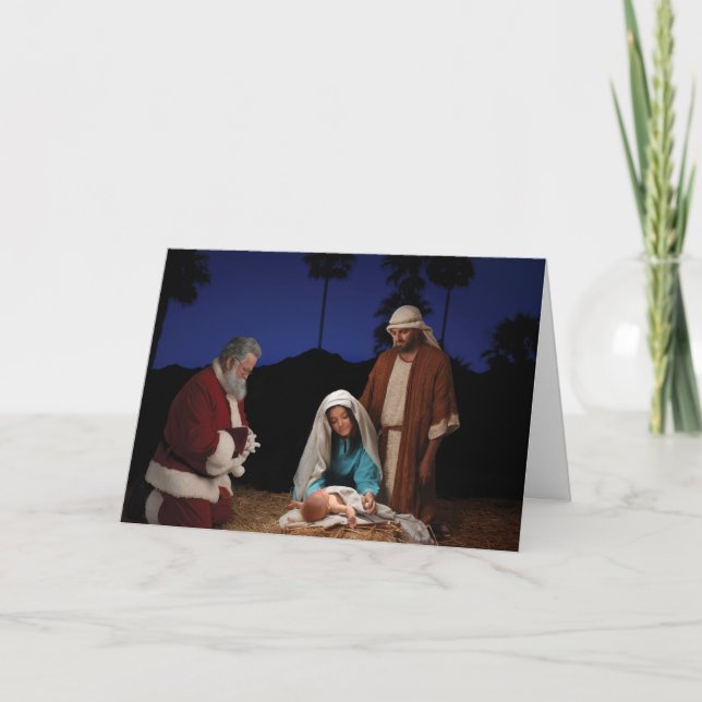 Cartes Pour Fêtes Annuelles Père Noël se mettant à genoux à la nativité (Devant)