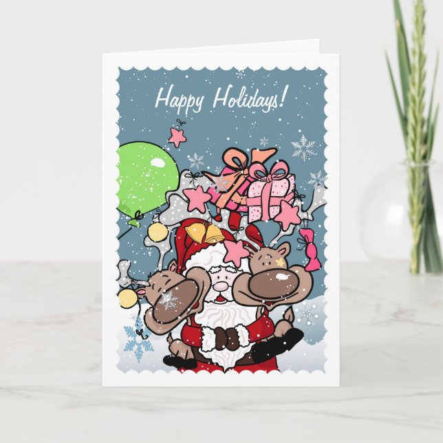 Cartes Pour Fêtes Annuelles Père Noël serrant ses rennes (Devant)