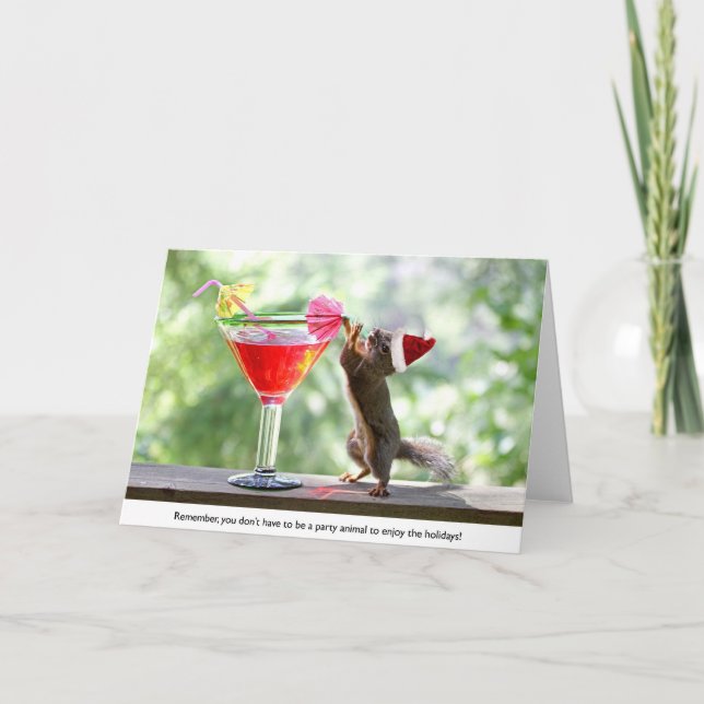 Cartes Pour Fêtes Annuelles Père Noël Squirrel Boire un Cocktail (Devant)