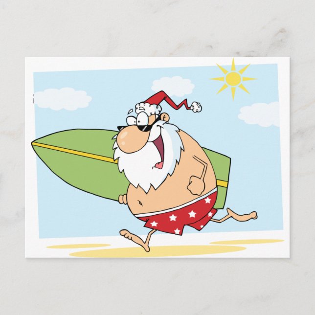 Cartes Pour Fêtes Annuelles Père Noël-Surfer-Sur-La-Plage (Devant)