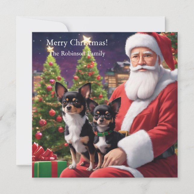 Cartes Pour Fêtes Annuelles Père Noël tenant deux chihuahua (Devant)