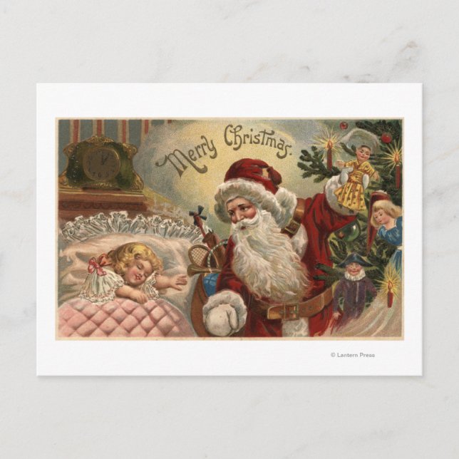 Cartes Pour Fêtes Annuelles Père Noël tenant la poupée, fille de sommeil (Devant)