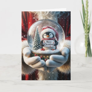 Cartes Pour Fêtes Annuelles Père Noël tenant un globe de neige à pingouin