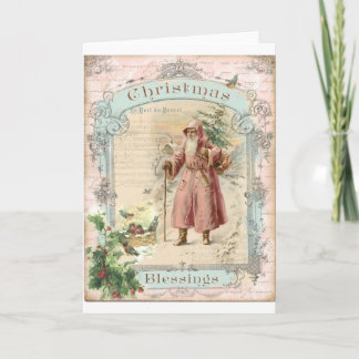 Cartes Pour Fêtes Annuelles Père Noël victorien Oiseaux d'arbre rose Noël