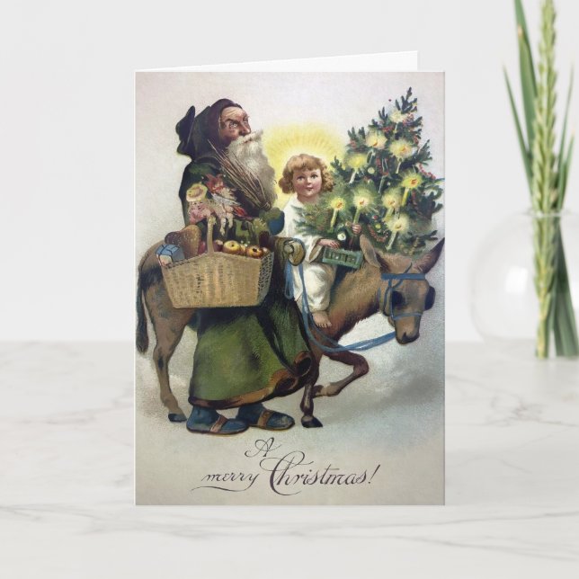 Cartes Pour Fêtes Annuelles Père Noël victorienne chevauchant un âne (Devant)