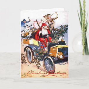 Cartes Pour Fêtes Annuelles Père Noël vintage Avec Clowns En Voiture Noël