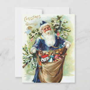 Cartes Pour Fêtes Annuelles Père Noël vintage avec sapin de Noël et jouets