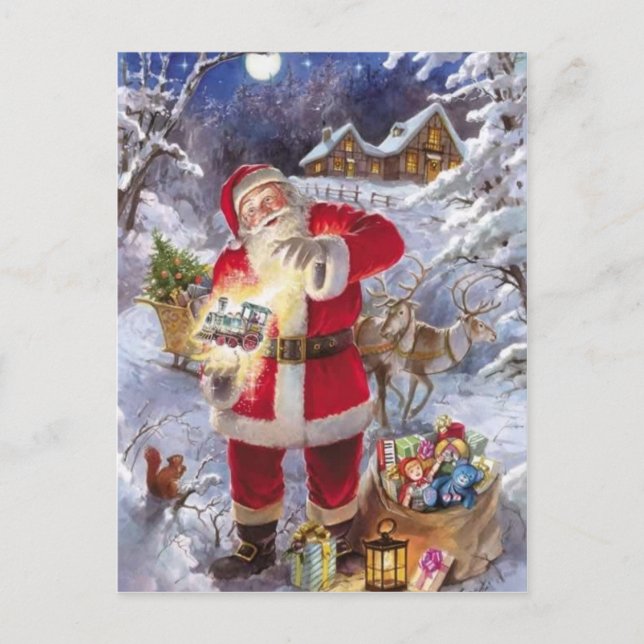 Cartes Pour Fêtes Annuelles Père Noël vintage Dans La Neige (Devant)