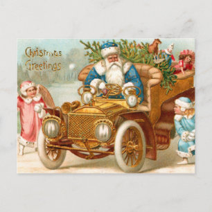 Cartes Pour Fêtes Annuelles Père Noël vintage dans une voiture dorée et anges 