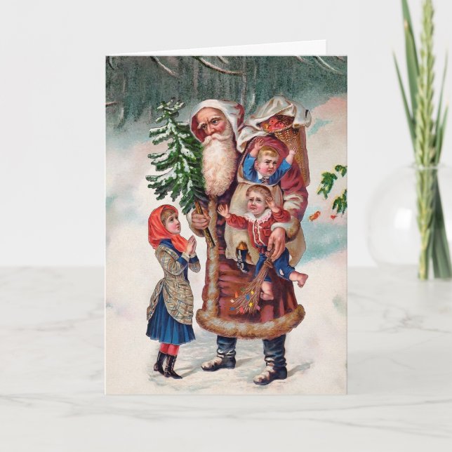 Cartes Pour Fêtes Annuelles Père Noël vintage : prendre des enfants (Devant)