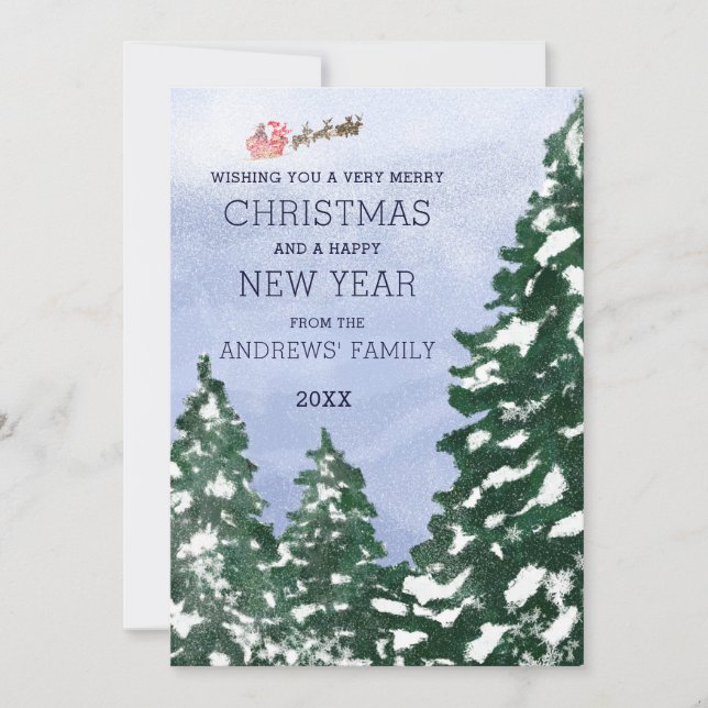 Cartes Pour Fêtes Annuelles Père Noël volant Snowy Winter Trees Peint Noël (Devant)