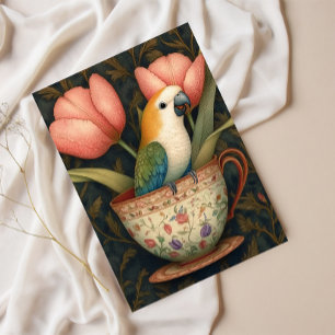 Cartes Pour Fêtes Annuelles Perroquet en Teacup avec tulipes