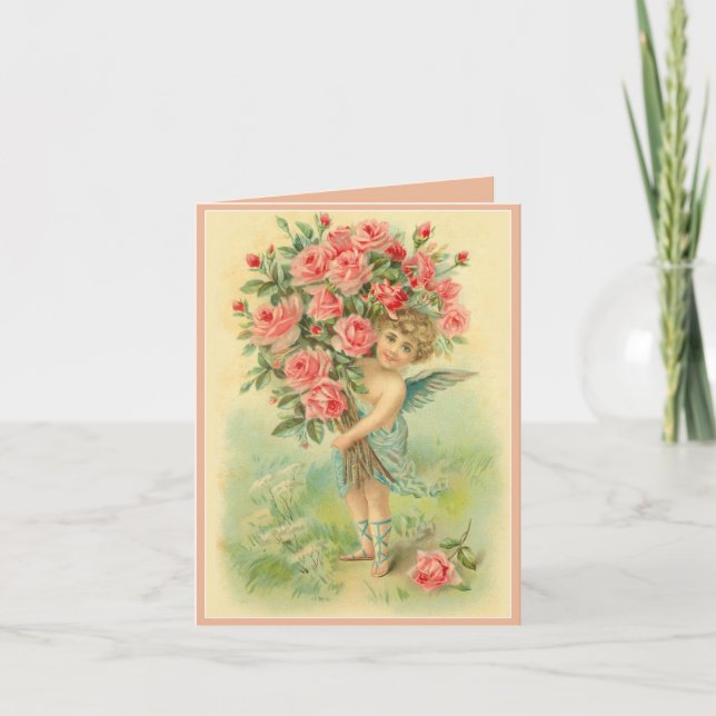 Cartes Pour Fêtes Annuelles Personnaliser Ange Cupidé avec Roses (Devant)