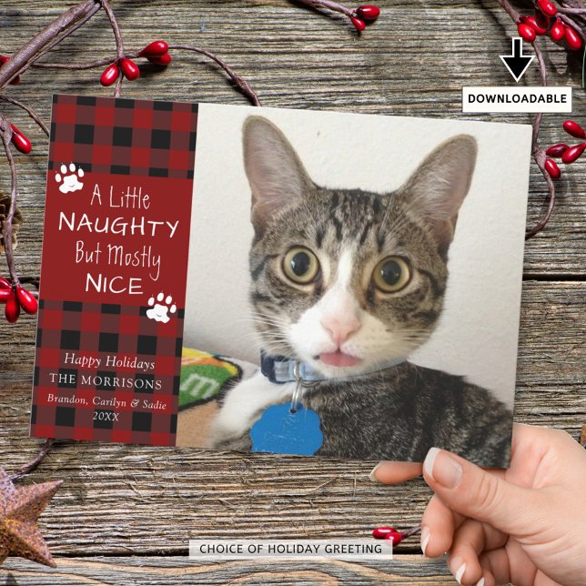 Cartes Pour Fêtes Annuelles Pet Cat Naughty Nice Rouge Noir Plaid (Créateur téléchargé)