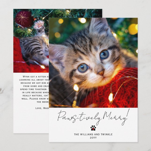 Cartes Pour Fêtes Annuelles Pet Photo 2 Picture Script Calligraphy Paw Print (Devant / Derrière)