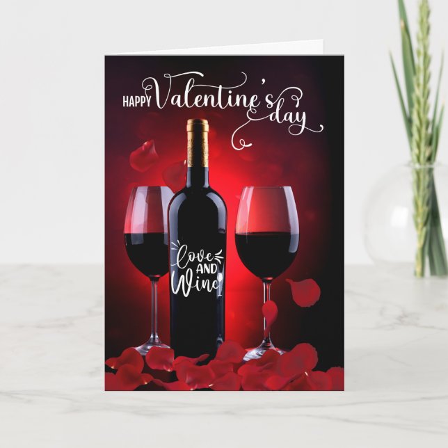 Cartes Pour Fêtes Annuelles Pétales roses et vin Saint-Valentin (Devant)