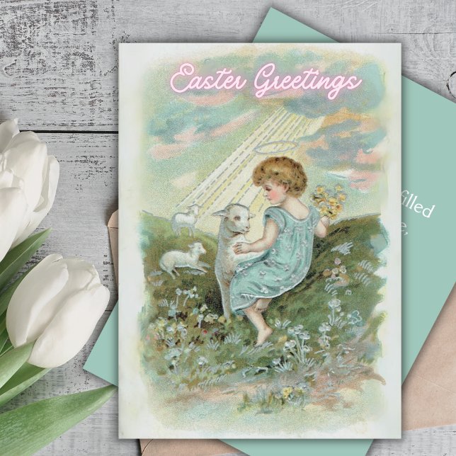 Cartes Pour Fêtes Annuelles Petit Ange De Pâques Avec Agneaux Personnalisés Pâ (Little Easter Angel With Lambs Custom Easter Holiday Card)
