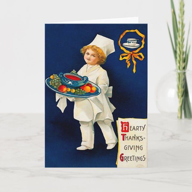 Cartes Pour Fêtes Annuelles Petit chef avec assiette de Thanksgiving (Devant)