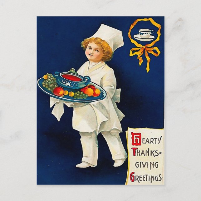 Cartes Pour Fêtes Annuelles Petit chef avec assiette de Thanksgiving (Devant)