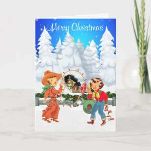 Cartes Pour Fêtes Annuelles Petit Cowboy et Cowgirl avec corde Lumières Cheval