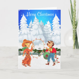 Cartes Pour Fêtes Annuelles Petit Cowboy et Cowgirl avec des feux de corde hiv