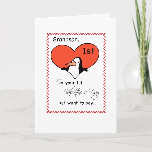Cartes Pour Fêtes Annuelles Petit-fils, pingouin mignon de ?ère Saint-Valentin (Devant)