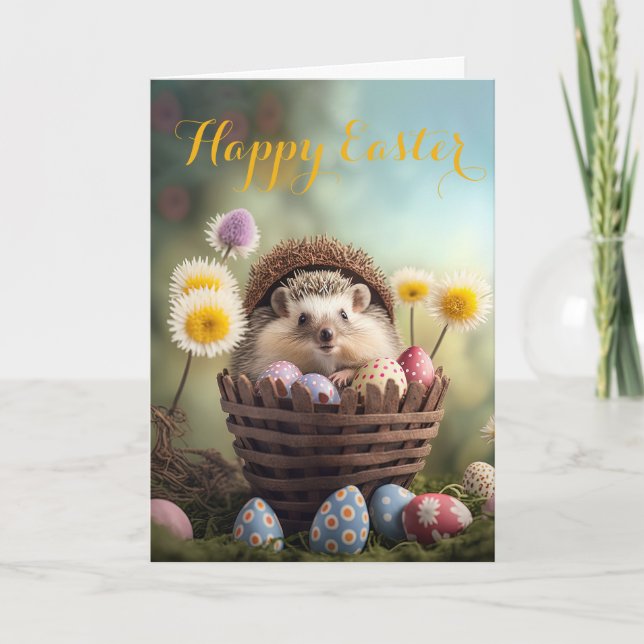 Cartes Pour Fêtes Annuelles Petit hérisson doux dans un panier de Pâques (Devant)