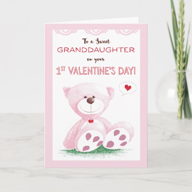Cartes Pour Fêtes Annuelles Petite-fille, 1ère Saint-Valentin, Pink Teddy Bea (Devant)