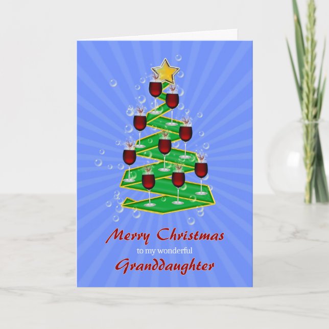 Cartes Pour Fêtes Annuelles Petite-fille, arbre de Noël avec vin (Devant)