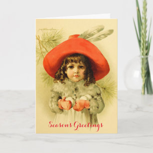 Cartes Pour Fêtes Annuelles Petite fille avec Casquette rouge Jouer Snowball, 